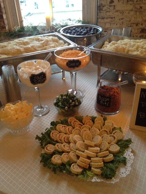 Mashed Potato Bar Mash Potato Bar Ideas, Potato Bar Ideas Wedding, Mashed Potato Bar Wedding, Mash Potato Bar, Wedding Buffet Ideas Food Stations, Potato Bar Ideas, Wedding Buffet Ideas, Bar Ideas Wedding, Cajun Wedding