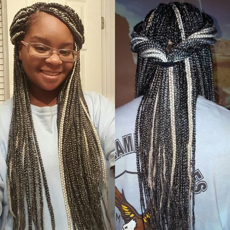 Braids With White Highlights, Platinum Braids, Ombré Braids, Black Box Braids, Ombre Braid, Medium Box Braids, White Highlights, Girl Braids, Grey Ombre