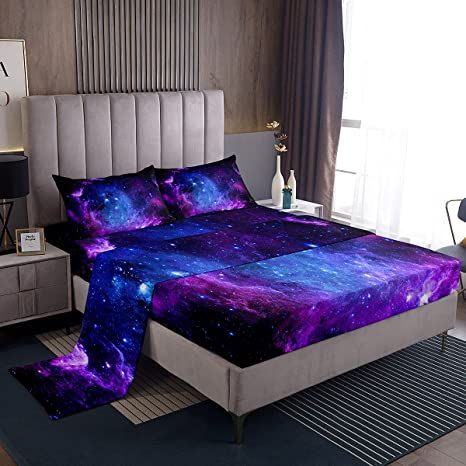 Galaxy Bedding, Space Universe, Purple Galaxy, Bedding Decor, Starry Sky, Fitted Sheet, Bed Sheets, Bedding Set, Universe