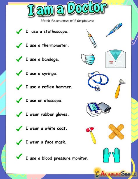 #academysimple, #worksheets, #printable, #primaryschool, #elementaryschool, #academia, #kidsactivities, #activitiesforkids, #homeschooling, #educationalresources, #download, #pdf, #practice, #learning, #education, #grade3english #englishworksheets #vocabulary #words #nouns #doctors #doctortools Medical Activities, English Words Vocabulary, Doctor For Kids, Words Vocabulary, Christmas Tree Coloring Page, Sentence Starters, Tree Coloring Page, Vocabulary Worksheets, Reading Worksheets