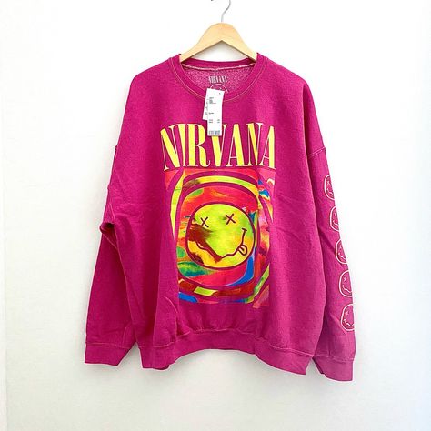 Nwt Oversized Nirvana Sweatshirt. Over-Dyed Crew Neck. Very Oversized (See Measurements Below). Comes From Smoke-Free Home. Sizing: L/Xl Chest = 29.5in Length = 27in *Measurements Taken With Sweatshirt Laid Flat Materials: Cotton, Polyester Nirvana Crewneck, Pink Nirvana, Nirvana Hoodie, Nirvana Sweatshirt, Urban Outfitters Sweatshirt, Hot Pink Sweatshirt, Yellow Crewneck, Pink Crewneck, Tie Dye Sweatshirt