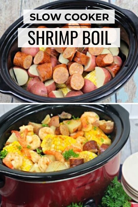 I love a shrimp boil, but I never thought to make one in my crock pot! This slow cooker shrimp boil recipe is fantastic and super easy to make too. #shrimp #shrimpboil #crockpot #slowcooker Country Boil Crock Pot, Crockpot Meals With Shrimp, Easy Summer Crockpot Meals Healthy, Shrimp And Sausage Crockpot Recipes, Crock Pot Beach Meals, Crock Pot Low Country Boil, Shrimp Boil Crockpot Slow Cooker, Easy Pescatarian Recipes Crock Pot, One Pot Seafood Boil