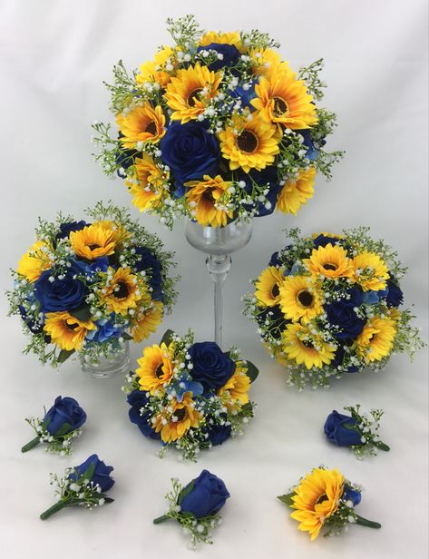 Navy Blue And Yellow Wedding Decorations, Blue Rose Wedding Bouquet, Sunflower And Blue Wedding, Blue Roses Wedding Bouquet, Van Gogh Wedding, Blue Rose Wedding, Yellow And Blue Wedding, Yellow Flowers Bouquet, Yellow Wedding Decorations