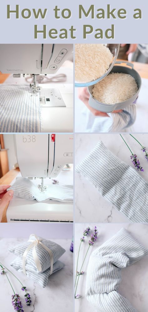 Step by step images of Makyla sewing a rice heating pad Diy Heat Pads Microwavable, 5 Min Sewing Projects, Diy Rice Packs Heating Pads, Microwave Neck Warmer Pattern, Sew Rice Heat Pack, Handmade Heating Pads, Rice Pack Sewing Pattern, Heating Pad Sewing Pattern, How To Make A Neck Warmer With Rice