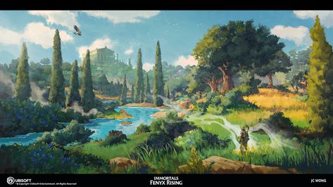 Legend Of Phoenix Game, River Concept Art, Sky Environment, Mtg Mountain Art, Ruin And Rising, Immortals Fenyx Rising Art, Studio Ghibli Background, Scene Background, Xbox Game