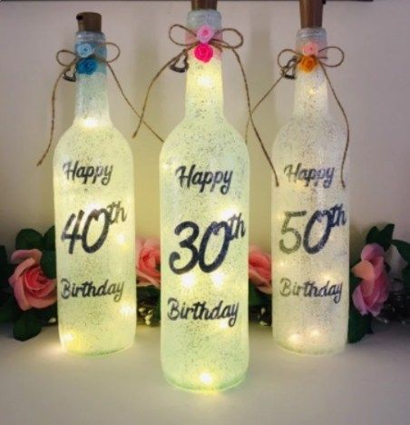 DIY old wine bottle crafting ideas - Miss M.V. Light Up Wine Bottles, Lighted Bottles, 40th Birthday Presents, 50th Birthday Presents, Moms 50th Birthday, 60 Birthday, 50th Birthday Party Decorations, 50th Birthday Decorations, 50th Bday