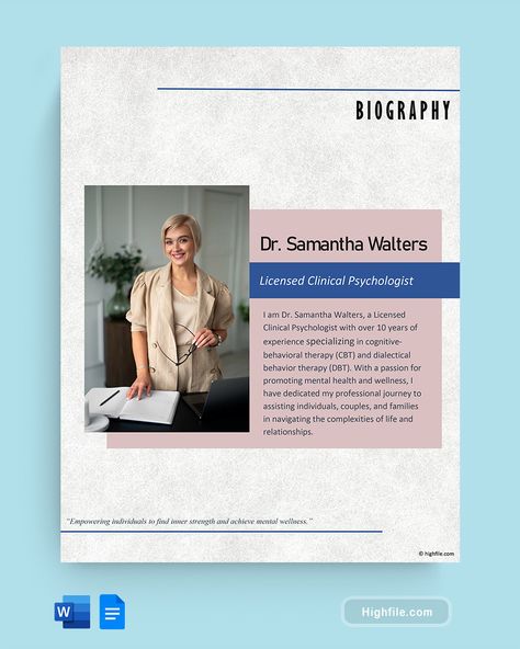 Mental Health Therapist Bio Template - Word | Google Docs - Highfile Therapist Bio, Bio Template, Therapy Business, Business Plan Outline, Dialectical Behavior Therapy, Clinical Psychologist, Template Word, Cognitive Behavioral Therapy, Behavioral Therapy