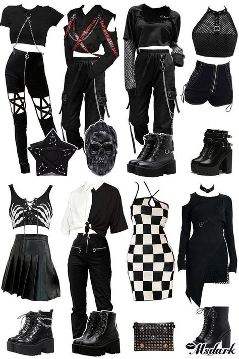 Outfit Ideas Black Clothes, Punk Outfits For Women, Fashion Outfits Edgy, Punk Girl Outfits, Cute Emo Outfits, Cute Edgy Outfits, E Girl Outfits, Goth Outfit, Outfits Edgy