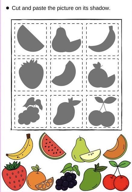 Fruit Matching Printable, Fruits And Veggies Activities Preschool, Cut And Paste Activities Preschool, Fruits Worksheets For Kids, Cut And Paste Worksheets Preschool, Fruits Activities For Preschool, Worksheet For Nursery Kids, Cut And Paste Activities For Kids, Puzzle Activities For Kids