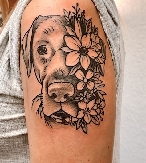 #tattoo #personalized #dogs #labradorretriever #chocolatelab #flowers #custom #tattooideas Dog Face Flower Tattoo, Half Sleeve Dog Tattoos For Women, Dog Themed Tattoo Sleeve, Dog Daisy Tattoo, Half Dog Half Flower Tattoo, Daisy Dog Tattoo, Dog Floral Tattoo, Dog Portrait Tattoo Flowers, Dog And Flower Tattoo