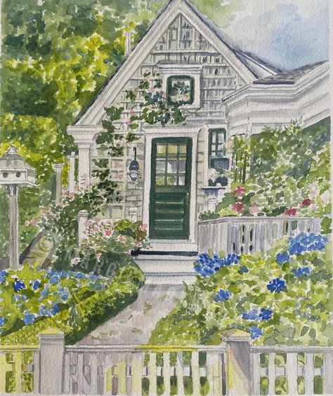 Nantucket Island, Giclee print of orginal watercolor artwork. Beautiful garden and rose trellis,quaint cottage  WallArt. Makes a great gift! Needham Massachusetts, Coastal Watercolor, Beach Art Painting, Rose Trellis, Nantucket Island, Quaint Cottage, Garden Watercolor, Cup Designs, Cottage Art