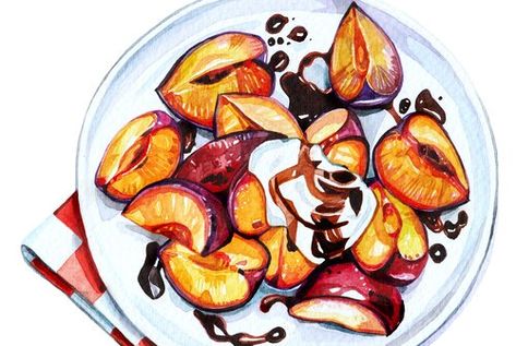 Balsamic Glazed and Roasted Plums Holly Exley, Roasted Plums, Watercolor Food Illustration, Plum Recipes, Light Food, Watercolor Food, Balsamic Glaze, Food Illustration, Cooking Light