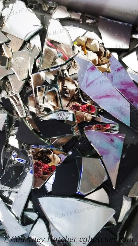 "Broken Mirror" by Courtney Hatcher. Abstract photography, texture photography, reflective photography, perspective photography, macro photography, contrast photography. Original photography for home decor and styling. Fragmented mirror pieces, shattered glass, an intricate web. Grey art print with hints of purple, pink, and blue. Bold wall art and decoration. Express yourself with art, decorate with original photography, collecting art. Shattered Mirror Aesthetic, Broken Mirror Painting, Broken Mirror Photography, Mirror Abstract, Photography Mirror, Photography Perspective, Textiles Gcse, Bathroom Painting, Emotional Landscape