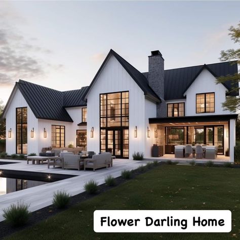 Sims 4 Houses Modern Farmhouse, Black And White Modern Tudor Exterior, Modern French Country Home Exterior, Modern European Home Exterior, White And Black Farmhouse Exterior 2 Story, 2 Story Scandinavian House, Beautiful House Exterior, Transitional Home Exterior Two Story, Clasic Houses