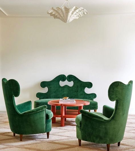 Sarah de Beaumont on Instagram: “@luislaplace” Luis Laplace, Green Color Palette, Marble Tile Floor, Green Colour Palette, Living Room Green, Curved Sofa, Sofa Styling, Design Del Prodotto, Fitted Furniture