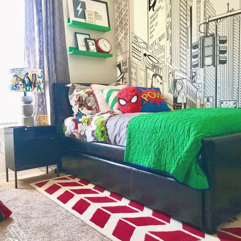 Modern Marvel Boy's Room - Project Nursery Marvel Bedroom Adult, Marvel Teenage Bedroom, Modern Marvel Bedroom, Boys Room 6 Yrs Old, Modern Spiderman Room, Marvel Toddler Boy Room, Avengers Room Ideas Boy Bedrooms, Boy Themed Rooms, Boys Marvel Bedroom Ideas