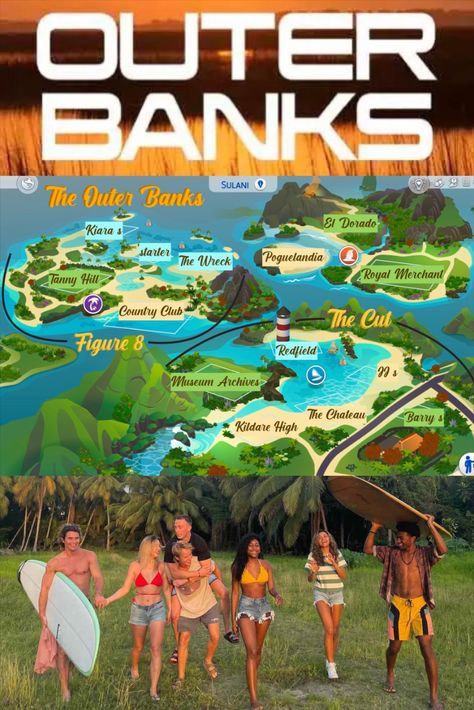 Bring popular locations from the hit Netflix series "Outer Banks" to your Sims 4 "Island Living" map, Sulani.  #outerbanks #poguelandia #kooksvspogues #p4l #sims4sulani #sims4islandliving #sims4mapidea The Sims 4 City Living, Sims 4 Sulani Map Replacement, Sims 4 Cc Locations, Sims 4 Houses Island Living, Ts4 Island Living Cc Clothes, Newcrest Sims 4 Ideas Map, Sims4 Island Living Houses, Sims 4 Cc Obx Clothes, Sims 4 Building Challenge