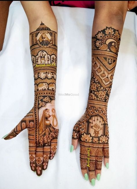 Bridal Mehndi Designs With Figures, Bridal Mehendi Designs Wedding 2024, Bridal Figure Mehndi Designs, Bridal Mehndi Designs Back Hands, Figure Mehndi Designs, Bride Mehendi Design, Mehendi Pose, Marwari Mehndi Design, Bride Mehandi