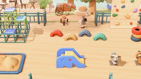 Parks Animal Crossing, Playground Ideas Animal Crossing, Acnh Area Inspiration, Animal Crossing Playground Design, Animal Crossing Playground Ideas, Animal Crossing New Horizon Inspiration, Idee Animal Crossing New Horizon, Animal Crossing Playground, Acnh Playground Idea