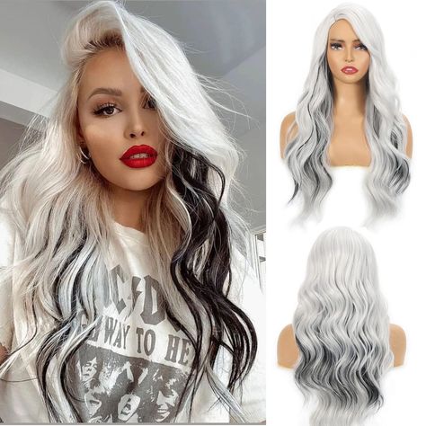 PRICES MAY VARY. 【High-Quality Material】This long wavy White wig is made of the high-quality synthetic heat-resistant fibers, soft and smooth. The skin-friendly feature makes you feel very comfortable wearing it. The simulated scalp wig is vivid, making the hair crack more realistic and natural. The hairline is made hand-tied, which makes the hair look more real. Easy to comb and not easily tangle and hair loss. 【Realistic hairline】The 26 inches white black wigs have scalp part, the new technolo White Wigs, Curly Afro Wig, Cosplay Idea, Long Wavy Wig, Wig Ideas, Bangs For Women, Blue Wig, Long Curly Wig, Grey Wig