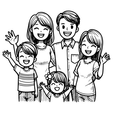 Happy Family Cartoon, Family Picture Clipart, Character Outline, Kid Drawing, Drawing Happy, Kid Coloring Page, Family Cartoon, Vector Sketch, Cityscape Photos