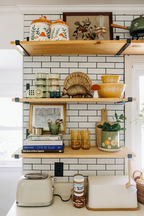 The plants are from Colonial Gardens in Phoenixville, PA, Shop Vintage Alley in Doylestown, PA, and Perch in Phoenixville, PA. Credit: <a href="https://www.apartmenttherapy.com/authors/carina-romano">Carina Romano</a> Diy Open Shelving, Kitchen Simple, Simple Ideas, Ideas Kitchen, Home Decor Kitchen, Kitchen Countertops, Dream Kitchen, A Kitchen, Kitchen Inspirations