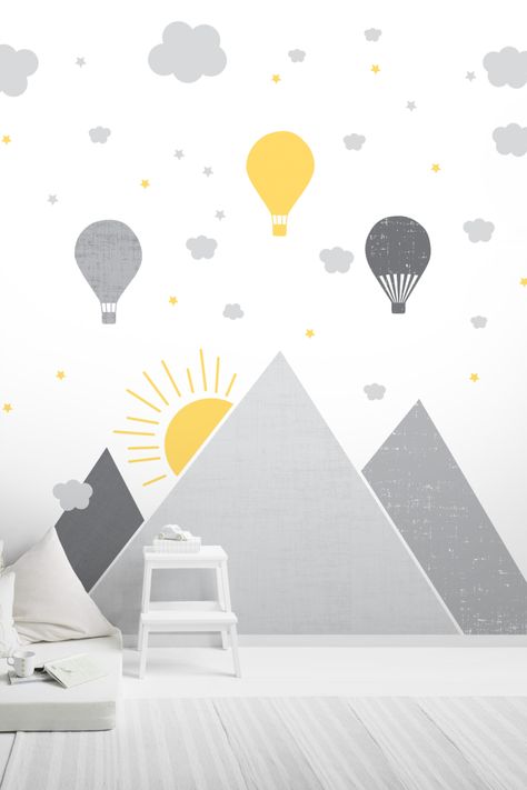 Grey Mountains, Balloons Wall, Mountain Decal, Kids Room Murals, Nursery Mural, Murals For Kids, Bedroom Murals, Nursery Decals, Yellow Sun