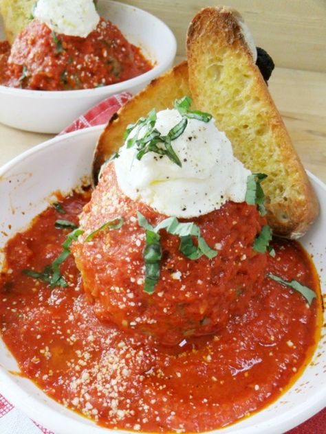 giant meatballs Giant Meatball Recipe, Giant Meatballs, Giant Meatball, Fancy Pasta, Crockpot Meatball, Crunchy Bread, Meatball Recipes Crockpot, Fresh Ricotta, Italian Meatballs Recipe