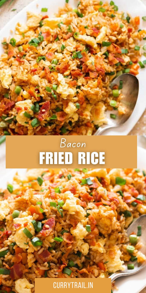 bacon fried rice in a plate. Bbq Chicken Fried Rice, Sauce For Fried Rice, Bacon Fried Rice Recipe, Bacon Fried Rice, Bacon Rice, Easy Bacon Recipes, Bacon Fries, Chinese Cooking Wine, Fluffy Eggs