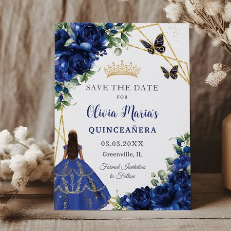 Royal Blue Quinceanera Decorations, Quinceanera Blue, Blue Quinceanera Theme, Royal Blue Quince, Royal Blue Quinceanera, Royal Invitation, Blue Quince, Sweet 15 Party Ideas, Royal Blue Flowers