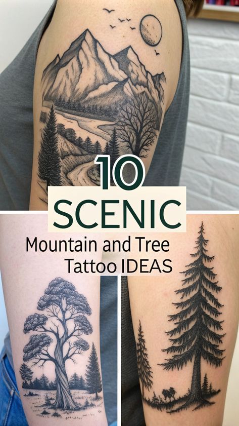 Half Dome Tattoo, Mountain Tattoo Arm, Mountain And Tree Tattoo, Evergreen Tattoo, Tree Tattoo Ideas, Tree Silhouette Tattoo, Mountain Range Tattoo, Watercolor Tattoo Ideas, Tree Tattoos