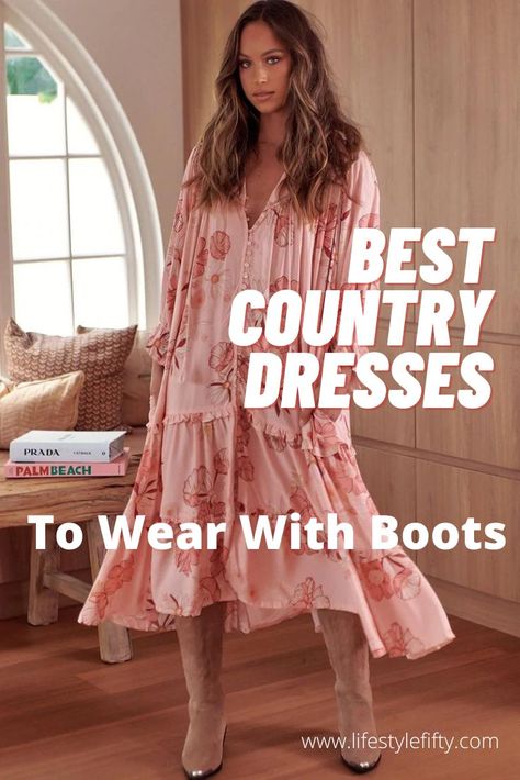 Here's a styling guide to help you look tip top in a country style dress in the spring or fall - wear it with boots! Here's how! And also where to buy some fabulous dresses you'll wish you'd discovered sooner! Long Dress With Cowboy Boots Summer, Western Chic Dresses, Country Dresses With Cowboy Boots Summer, Austin Chic Attire, Cowgirl Boots With Long Dress, Dresses With Cowboy Boots Fall, How To Wear A Dress With Boots, Dresses For Cowgirl Boots, Plus Size Dress With Cowboy Boots