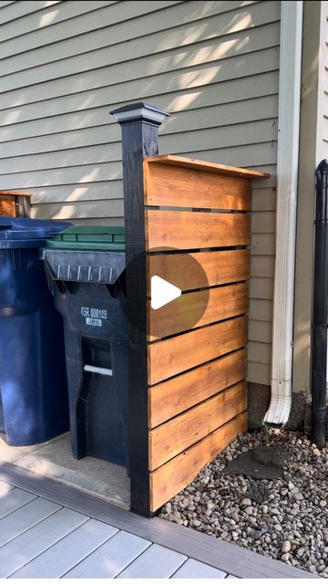 Lifeonwillowcreek | Morgan & Ian on Instagram: "Trash 🚮 but make it CUTE 

Materials:
2 2x4 @ 5'
2 4x4 @ 5'
9 cedar fence pickets

Other supplies: 
Lag bolts
4x4 ties
solar light posts 
Stain
A few pieces of scrap wood

#backyardproject #backyardprojects #outdoorproject #diyhome #diyhomeprojects #homeimprovementprojects #easydiy #backyardmakeover #homediy #outdoordecor #outdoordesign" Trash Can Fence, Light Posts, Cedar Fence Pickets, Solar Post Lights, Solar Lights Diy, Fence Pickets, Outdoor Trash Cans, Lag Bolts, Cedar Fence