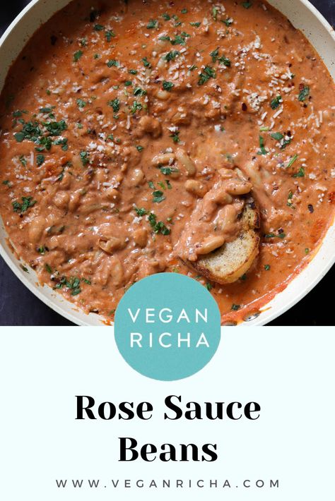 Tender white beans in a super quick and easy rosé sauce are a satisfying dinner over pasta or with bread to dip! Their pink sauce needs just 1 pan, 30 mins, is dairy-free and so simple. Rose Sauce Recipe, Protein Entrees, Pink Sauce, Vegan Richa, Soy Free Vegan, Gluten Free Potatoes, Northern Beans, Great Northern Beans, Vegan Parmesan