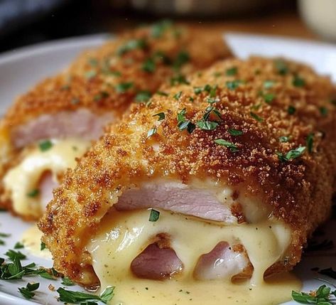 Chef Bobby Flay 🥪🍟🍖 | Crispy, Creamy Chicken Cordon Bleu | Facebook Creamy Chicken Cordon Bleu, Chef Bobby Flay, Ham And Swiss, Chicken Rolls, Chicken Cordon, Bobby Flay, Chicken Cordon Bleu, Swiss Cheese, Chicken Tenders