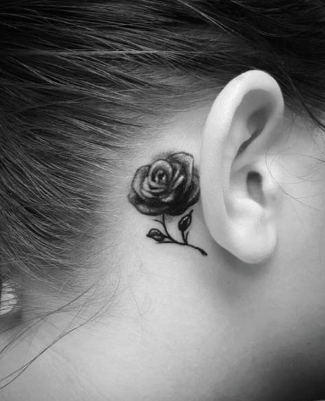 black baccara rose tattoo Rose Tattoo Behind Ear, Behind Ear Tattoos, Small Rose Tattoo, Ear Tattoos, Hamsa Tattoo, Small Flower Tattoos, Skeleton Hand Tattoo, Inspiration Tattoos, Modern Tattoos