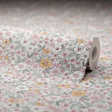 Ditsy Wallpaper Bedroom, Tiny Room Wallpaper, Lilac And Green Wallpaper, Floral Wallpaper Girls Bedroom, Cute Wallpaper For Bedroom, Ditsy Floral Bedroom, Dusty Pink Toddler Bedroom, Sulking Room Pink Nursery, Green Floral Wallpaper Bedroom