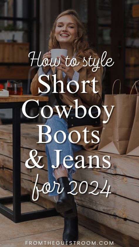 a woman wears short cowboy boots and jeans, western outfits Western Style Ankle Boots Outfits, How To Style Short Boots With Jeans, Date Night Outfit With Boots, How To Style Western Ankle Boots, Ariat Dixon Boot Outfit Ideas, Ankle Cowboy Boots Outfit Fall, How To Wear Short Boots With Jeans, Black Ankle Cowboy Boots Outfit, Outfits With Ankle Cowboy Boots