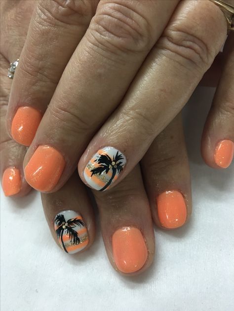 Shimmer Orange Tropical Vacation Summer Hand Painted Palm Tree Gel Nails Gel Nails Vacation Beach, Gel Nails Ideas For Cruise, Summer Vacation Nails Beach Simple, Beach Nails Vacation Simple Gel, Fall Beach Nails, Tropical Vacation Nails Simple, Nails For Mexico Vacation, Island Nails Tropical, Cruise Nails Caribbean