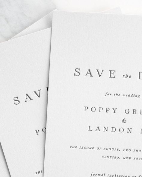 Letterpress save the dates are custom printed on an antique press resulting in deep impressions and a dramatic embossed look. Printing is limited to one ink color on stationery pieces. Envelope liners can be printed in a different ink color at no additional charge. Letterpress save the dates come standard with single envelopes with multiple addressing options. Letter Press Save The Date, Letterpress Save The Date, Letterpress Wedding Invitation Suite, Simple And Elegant Wedding, Shine Wedding Invitations, Letterpress Save The Dates, Letterpress Paper, Letterpress Wedding Invitation, Invitations Design