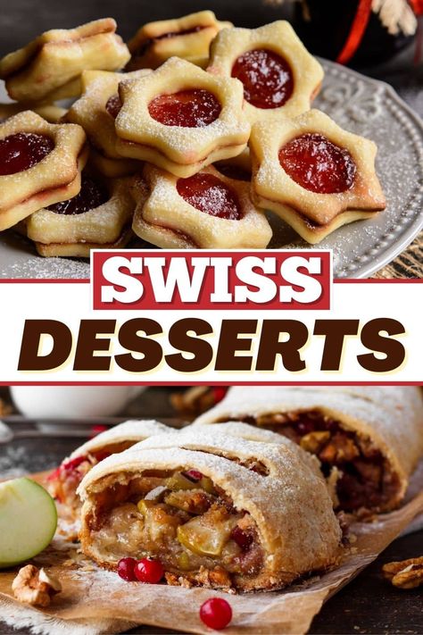 These traditional Swiss desserts will take you on a culinary trip to Switzerland. From cookies to fruit to strudel, you'll fall in love with these treats. Swiss Baking Recipes, Swiss Dessert Recipes, Swiss Cuisine Recipes, Swiss Desserts Traditional, Swiss Food Traditional, Switzerland Food Recipes, Swiss Recipes Switzerland, Swiss Food Recipes, Swiss Pastries