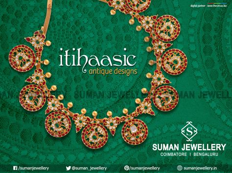 Itihaasic Antique Designs at Suman jewellery!!! An absolute blend of the past with present, the trend setting craftsmanship speaks for itself. #Antique #designs #gold #jewellery #necklace #traditional Bottumala Designs, Bottu Mala, Heavy Jewellery, Winter Bridal Jewelry, Simple Bridal Jewelry, Gold Jewellry, Traditional Indian Jewellery, Kundan Jewelry, Gold Necklace Indian Bridal Jewelry