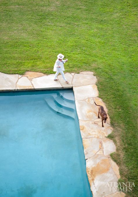 Mr. Summerour’s Sunflowers - Atlanta Homes and Lifestyles Pool Coping Ideas, Stone Pool Coping, Garden Pools, Stone Edge, Atlanta Homes And Lifestyles, Stone Pool, Backyard Renovations, Coping Stone, Pool Coping