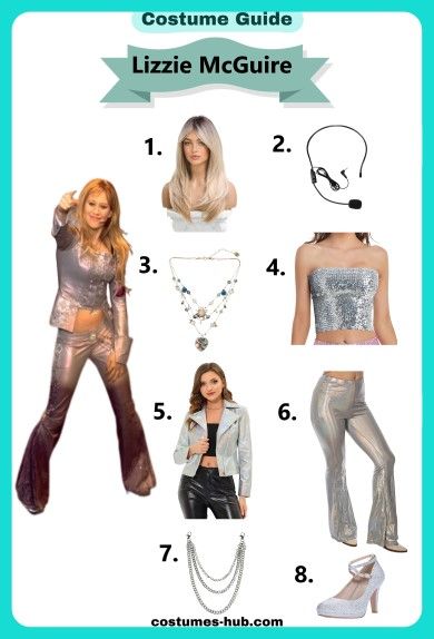 Lizzie McGuire Costume Lizzie Mcguire And Isabella Costume, Lizzie Mcguire Costume, Lizzie Mcguire Outfits, 2000s Things, Lizzie Mcguire Movie, Silver Outfits, Beloved Movie, Silver Pants, Sequined Top