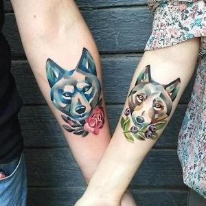 Free Tattoo Fonts, Watercolor Wolf Tattoo, Парные Тату, Tatuaje A Color, Pin Up Tattoos, Matching Tattoo, Tattoo Feminina, Wolf Tattoos, Aesthetic Tattoo