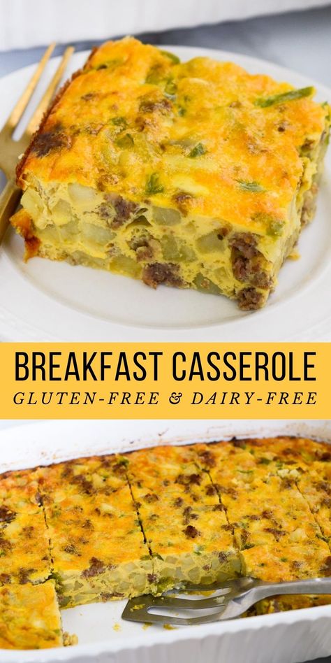 This easy gluten-free and dairy-free breakfast casserole is filled with sausage, hash browns, green peppers, onions, and eggs and can be prepped the night before and then baked in the morning. Make this for everyday or special occasions. It’s so good and will make getting breakfast ready a breeze. Dairy Free Egg Bake, Dairy Free Egg Casserole, Gluten Free Breakfast Recipes, Dairy Free Breakfast Casserole, Gluten Free Breakfast Casserole, Gluten Free Dairy Free Recipes Dinner, Gluten Free Dairy Free Breakfast, Paleo Breakfast Casserole, Baked Breakfast Casserole