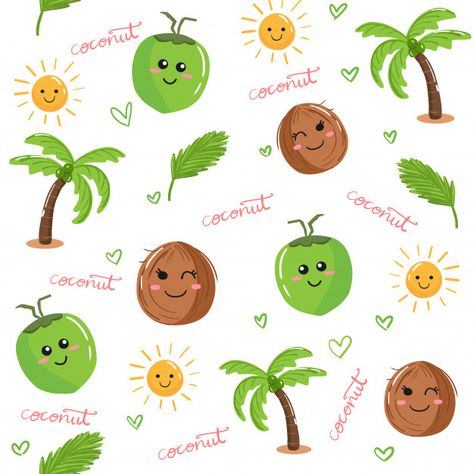 Cute kawaii coconut fruit and palm tree ... | Premium Vector #Freepik #vector #background #pattern #vintage #floral Kawaii Coconut, Coconut Fruit, Cute Kawaii, Palm Tree, Premium Vector, Coco, Coconut, Fruit, Pattern