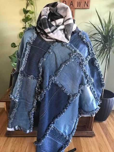 Up-Cycled Cloth Collective | I made this poncho from jeans | Facebook Cowboy Poncho, Denim Poncho, Denim Furniture, Ropa Upcycling, Denim Crafts Diy, Diy Denim, Macrame Dress, Denim Projects, Repurposed Clothing