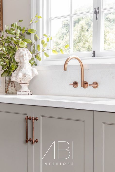 Copper Tapware, Sink Makeover, Provincial Kitchen, Sink Remodel, French Provincial Kitchen, Abi Interiors, Sink Decor, Laundry Room Sink, Victorian Kitchen