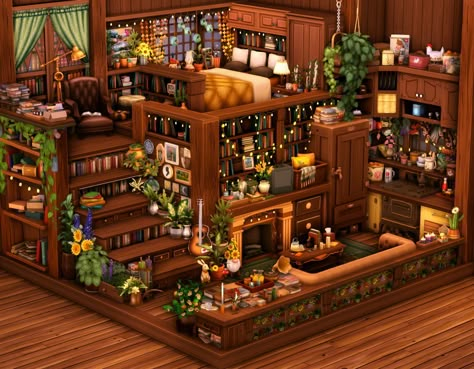 Sims 4 Library Build, Aesthetic Sims 4 House, Sims Build Ideas, Sims 4 House Layout, Sims 4 Newcrest, Sims 4 Inspiration, Sims Layout, Books Bedroom, Sims 4 Loft